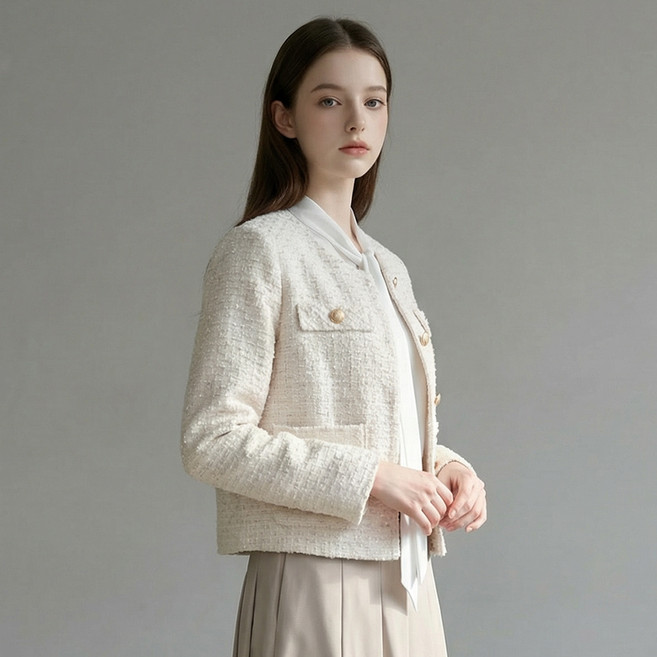 BURU N JUDY 女款金色圓領口袋粗花呢夾克 BOSCJK507B