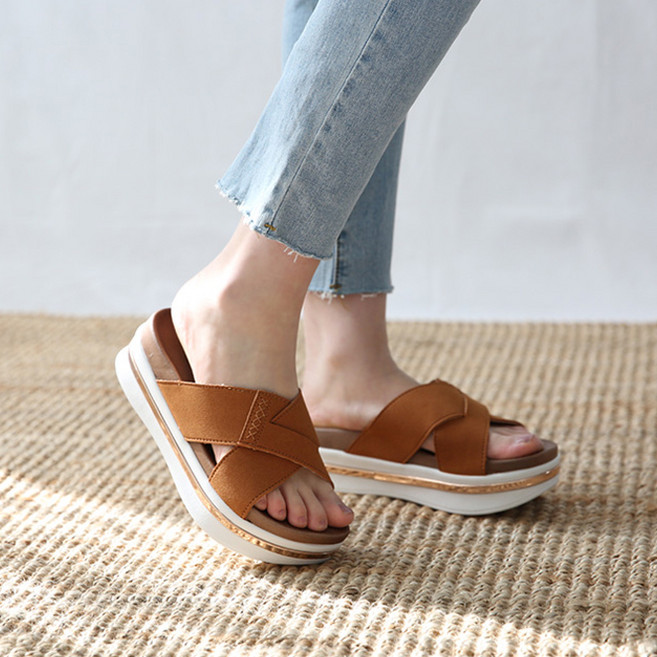 Dangolunni 韓國製造女款交叉帶厚底拖鞋