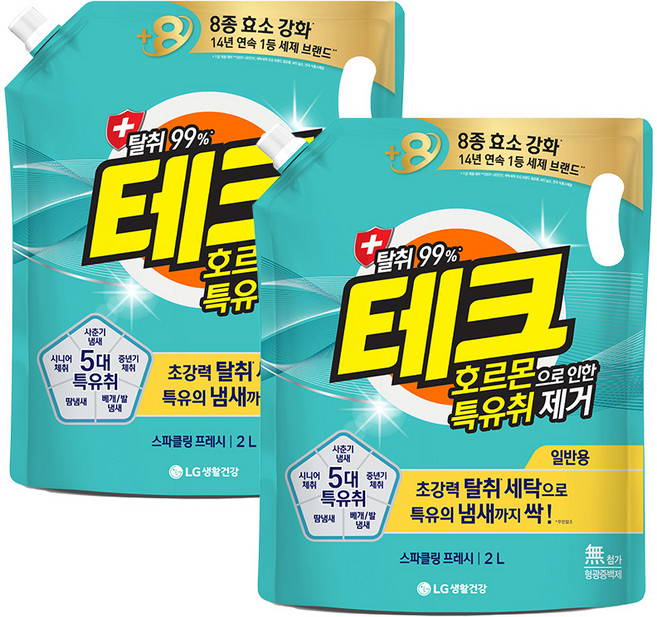 테크 호르몬으로 인한 특유취제거 스파클링 프레시 액상세제 리필, 2L, 2개