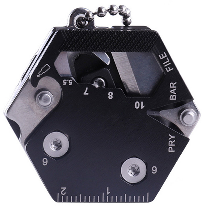 鑰匙圈吊飾硬幣刀 瑞士刀/工具刀/小刀/螺絲刀/螺絲起子/吊飾/野外求生/拆信刀 升級六角 40 x 40 x 15mm 黑色, 1個