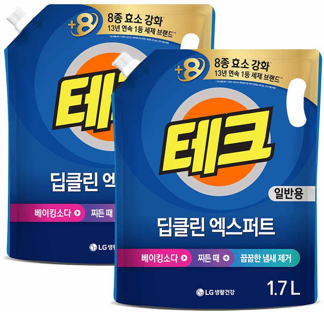 테크 딥클린 실내건조 액체세제 일반 리필, 1.7L, 2개