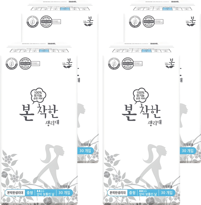 유기농본 착한 생리대 날개형, 중형, 30개입, 4개