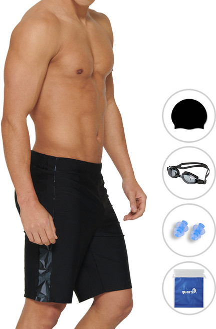 쿠아로 남성용 루즈핏 5부 빅사이즈 실내수영복 + 수모 + 수경 + 귀마개 + 비닐백 세트 ILM541S