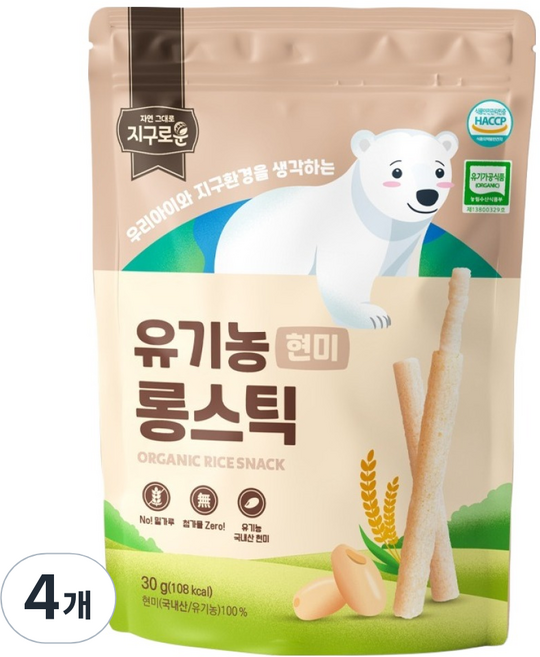 지구로운 유기농 아기 과자 롱스틱, 4개, 30g, 현미
