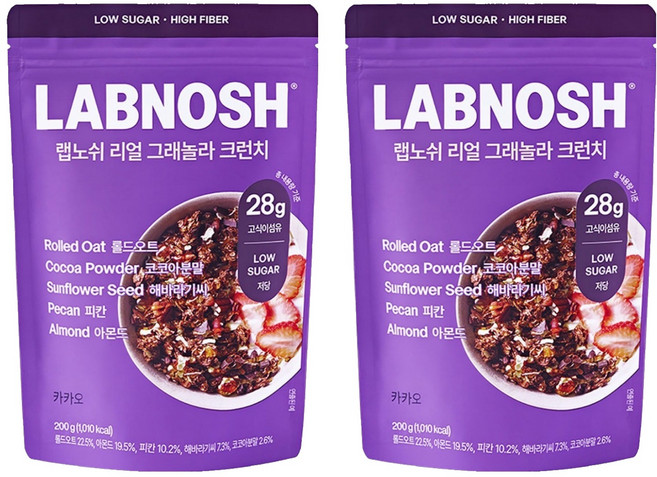 랩노쉬 리얼 그래놀라 크런치 카카오 시리얼, 200g, 2개