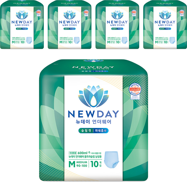 뉴데이 남성용 언더웨어 울트라슬림 성인기저귀, 중형, 10매입, 5세트