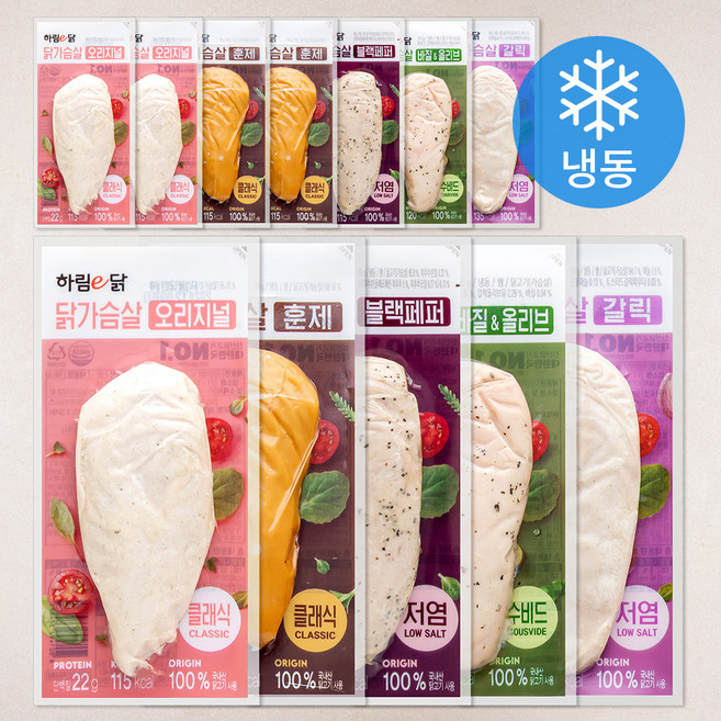 하림 이닭 닭가슴살 오리지널 100g x 3p + 훈제 100g x 3p + 갈릭 100g x 2p + 블랙페퍼 100g x 2p + 바질올리브 115g x 2p (냉동), 1.23kg, 1세트