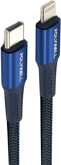 POLYWELL 寶利威爾 Type-C To Lightning PD編織快充線 鋁合金 適用iPhone PW15-W45-A315, 藍色, 1條, 1m