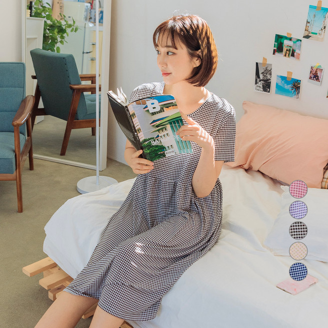 2위 - 디에스도씨 여성용 냉감 냉감 체크 반팔 잠옷 원피스 D3953