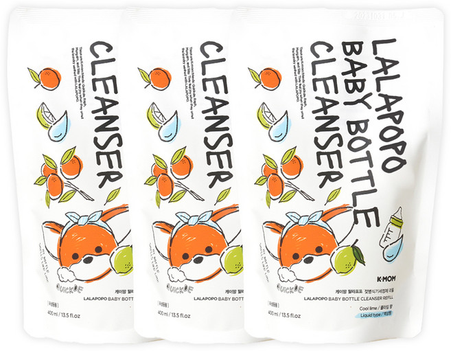 케이맘 랄라포포 유아용 젖병식기세정제 액상형 리필 쿨라임향, 400ml, 3개