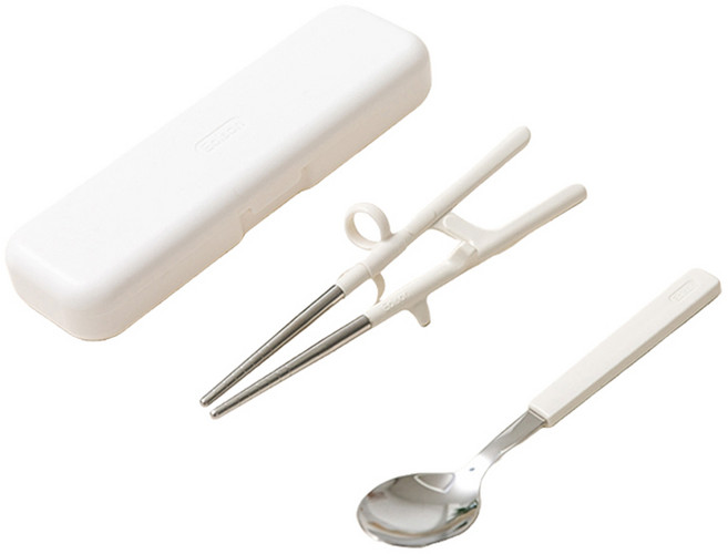 에디슨 아동용 스텐 젓가락 스푼 케이스 세트, 아이보리, 젓가락 + 스푼 + 케이스, 1개
