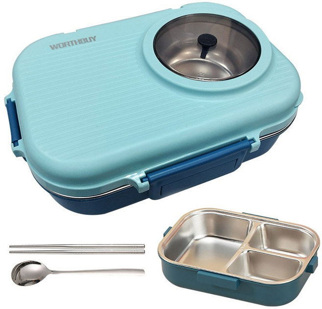 WORTHBUY 沃德百惠 304不鏽鋼3格雙層保溫套裝 900ml便當盒 200ml湯碗, 北歐藍, 1組