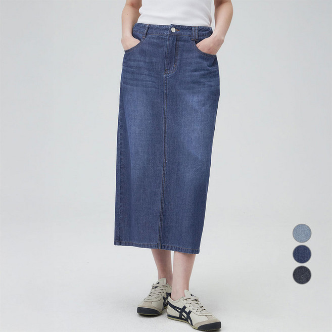 ELLEPARIS 여성용 린넨라이크 경량 데님 H라인 하프밴딩 롱 스커트