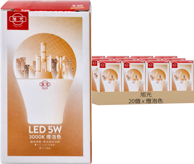 旭光 LED 高效能球泡燈 5W, 20個, 燈泡色(3000K)