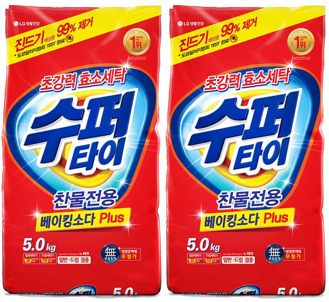 수퍼타이 찬물 전용 실내건조 분말세제 효소 세탁세제 일반드럼 겸용 리필, 5kg, 2개