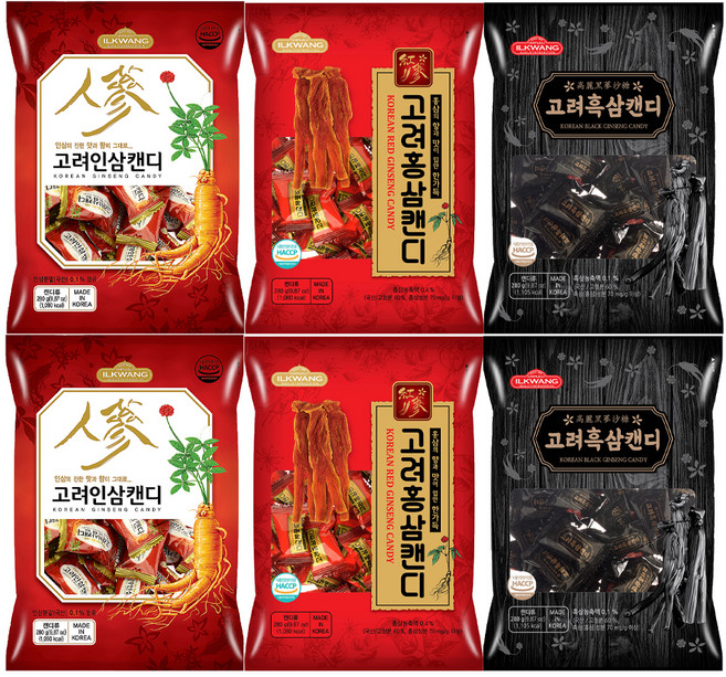 일광제과 고려홍삼캔디 280g 2p + 고려인삼캔디2 280g 2p + 고려흑삼캔디 280g 2p, 1.68kg, 1세트