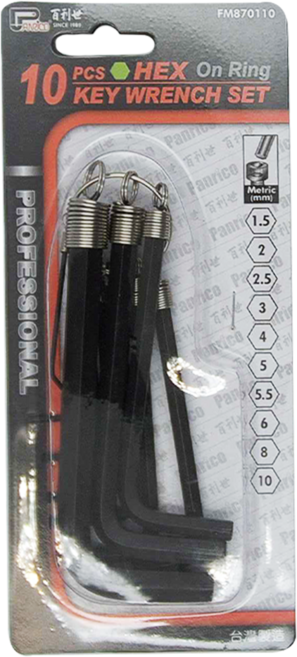 Panrico 百利世 10件式吊環式L型六角板手組 鉻釩合金鋼材質 高扭力 倒角處理, 1組