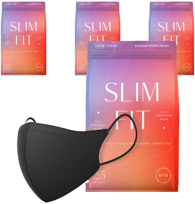 CLA 슬림핏 라이트 패키지 새부리형 보건용 마스크 소형 KF94, 25개입, 4개, 블랙