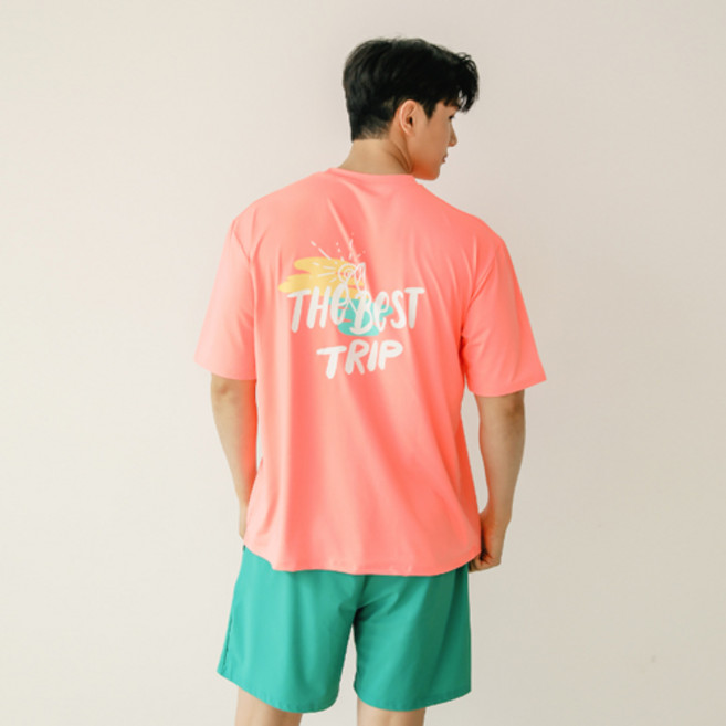 튜브트리 남성용 반팔 래쉬가드 + 비치팬츠 세트 AE6218, 피치+그린