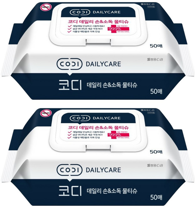 코디 데일리 손 앤 소독 물티슈 캡형, 60g, 50매, 2개