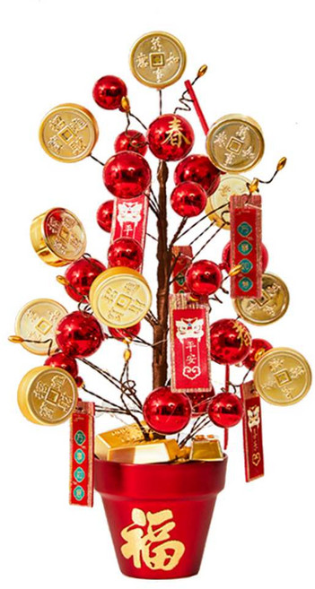 摩達客 春節開運招財45cm紅福招財幣金磚發財樹擺飾 新年居家裝飾 增添節慶氣氛, 紅色 + 金色, 1個