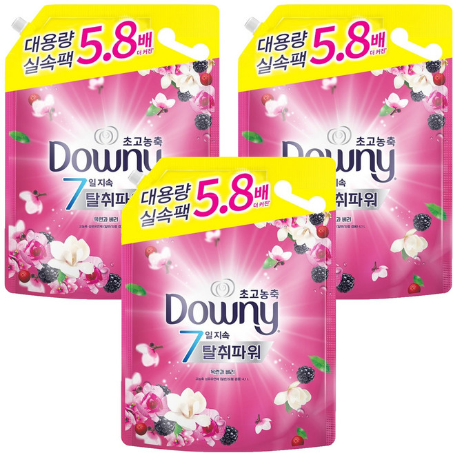 다우니 7일 지속 탈취파워 초고농축 섬유유연제 목련과베리 리필, 4.1L, 3개