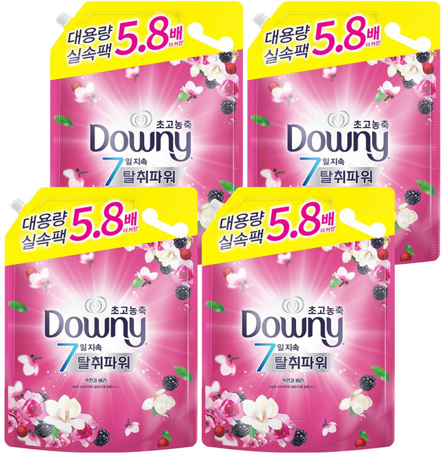 다우니 7일 지속 탈취파워 초고농축 섬유유연제 목련과베리 리필, 4.1L, 4개