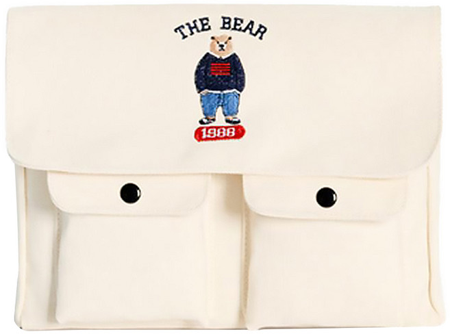 JEBALLOT 小熊雙口袋簡約斜背郵差包, 象牙