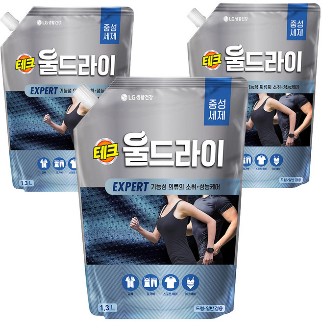 테크 울드라이 중성세제 엑스퍼트 액상세제 리필, 1.3L, 3개