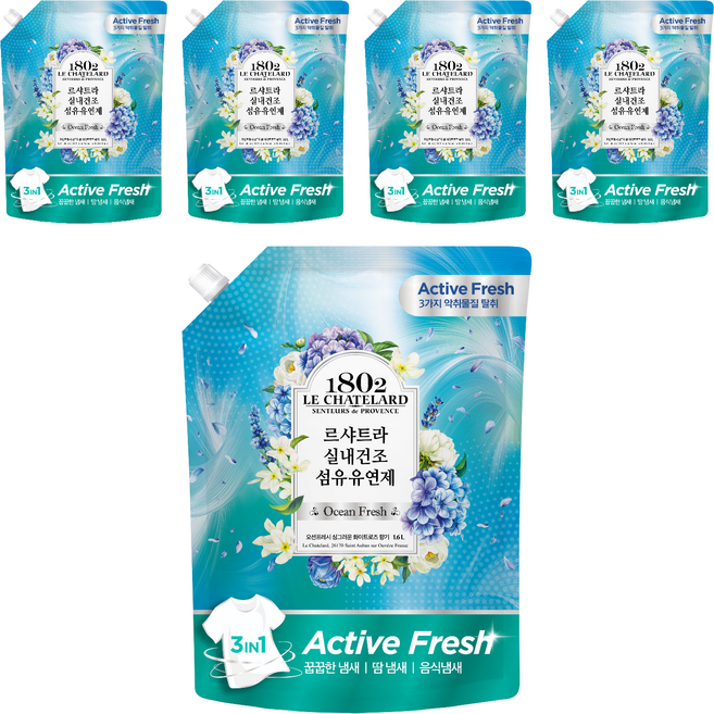르샤트라1802 실내건조 섬유유연제 오션프레시 리필, 1.6L, 5개