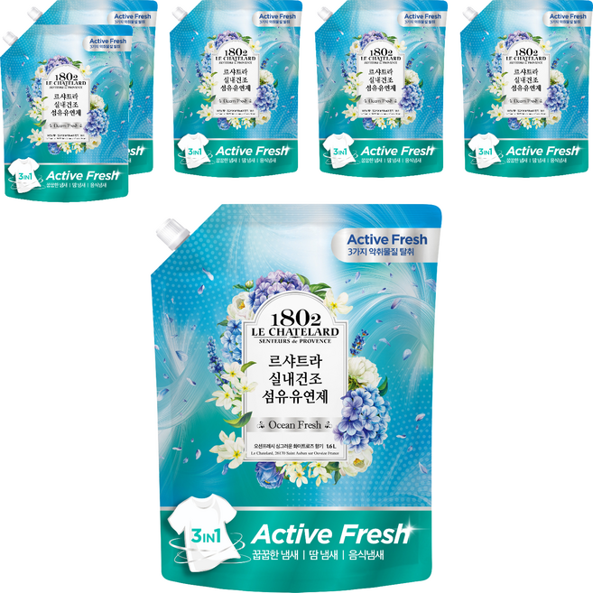 르샤트라1802 실내건조 섬유유연제 오션프레시 리필, 1.6L, 6개