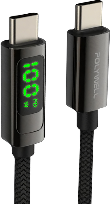 POLYWELL 寶利威爾 USB Type-C-C 數位顯示PD快充線, 2m, 黑色, 1條