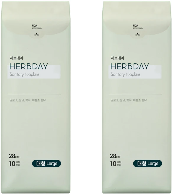 허브데이 생리대 날개형, 대형, 10개입, 2개 - 쿠팡