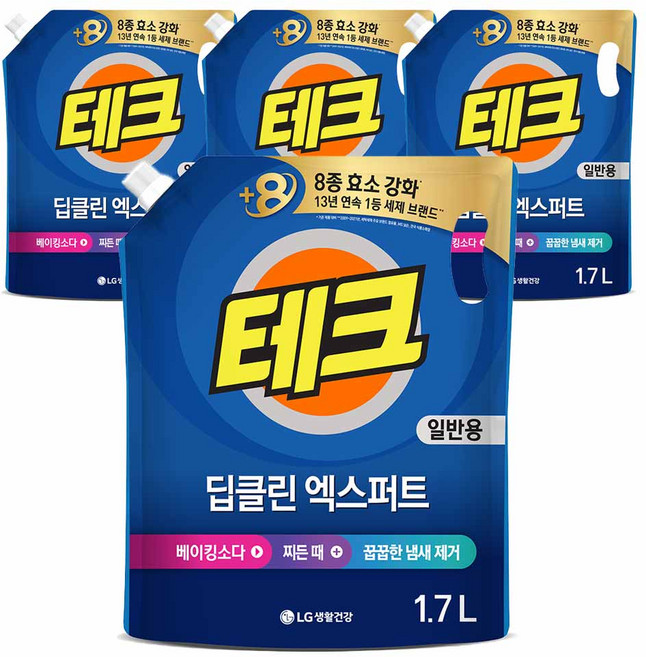 테크 딥클린 실내건조 액체세제 일반 리필, 1.7L, 4개