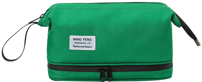 MING FENG 手提式大容量乾濕分離雙層洗漱包 - 綠色 防水尼龍面料