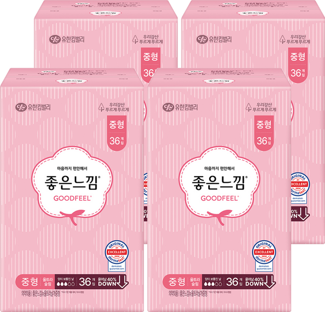 좋은느낌 오리지널 울트라슬림 생리대 날개형, 중형, 36개입, 4개