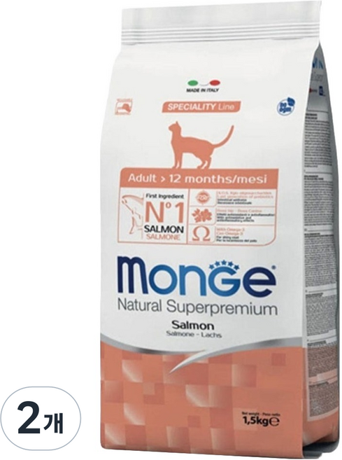 몬지 어덜트 고양이 내추럴 슈퍼프리미엄 모노프로틴 건식사료, 연어, 1.5kg, 2개