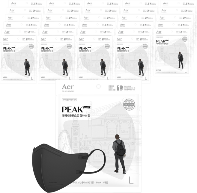 아에르 피크 라이트핏 보건용 마스크 KF80 L, 1개입, 100개, 블랙