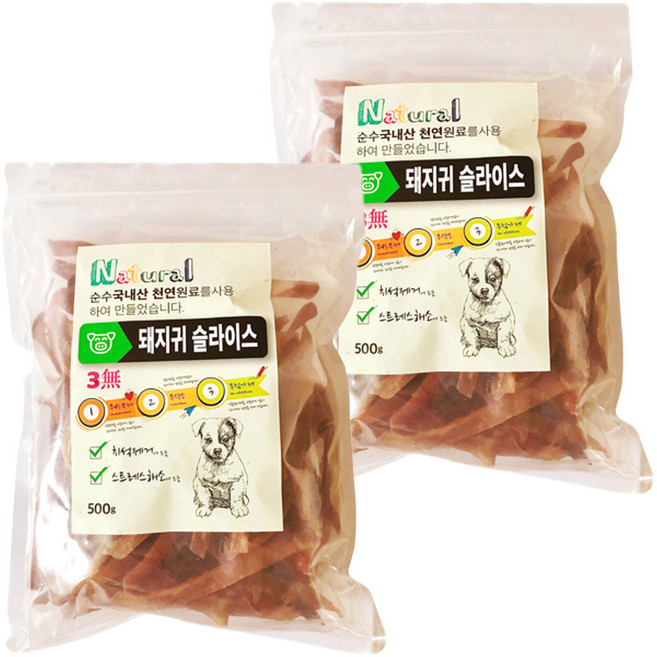 굿펫 천연수제 강아지 간식, 돼지귀슬라이스, 500g, 2개