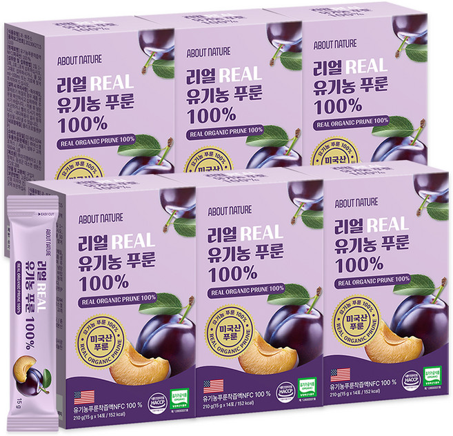 어바웃네이처 리얼 유기농 푸룬 100%, 210g, 6박스