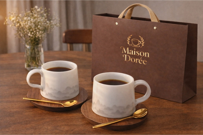 메종도레 커피 머그컵 205ml x 2p 선물세트 + 쇼핑백, 1세트, 화이트 산수화