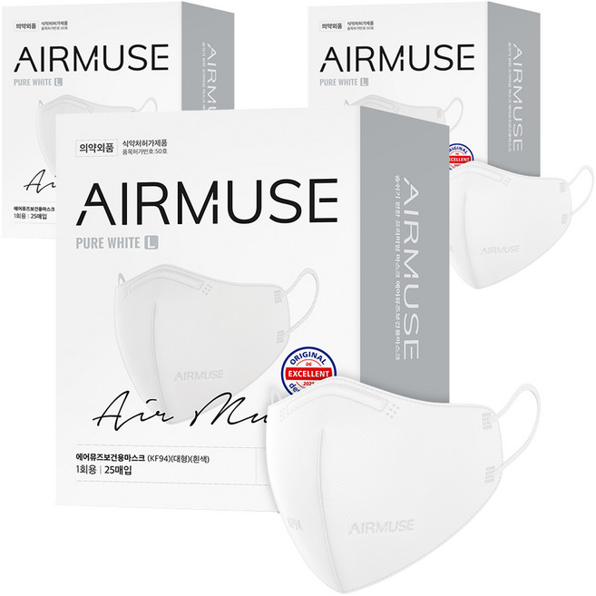 에어뮤즈 보건용 마스크 2D 새부리형 대형 KF94, 25개입, 3개, 화이트