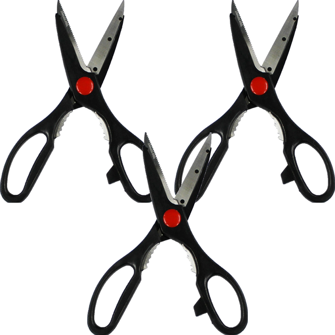 krasimo 廚房剪刀 多功能用途 可處理蟹腳、魚內臟等 可當開瓶器使用, 黑色, 3支