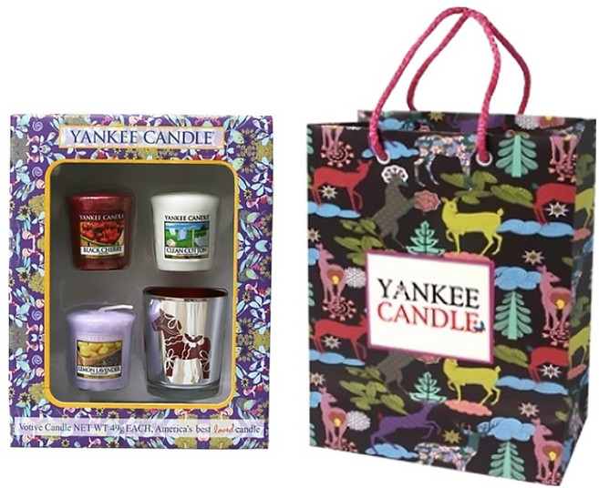 YANKee CANDLe 香氛蠟燭組 蠟燭 49g x 3 + 蠟燭燈座 紅色小馬 x 1+紙袋 x 1, 香味隨機, 蠟燭-款式隨機 + 蠟燭燈座 紅色小馬