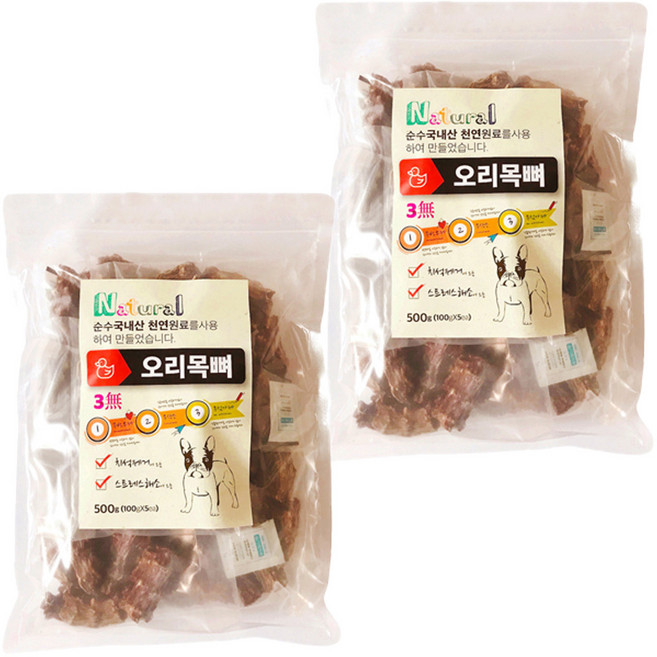 로하스 강아지 천연수제 간식, 오리목뼈, 500g, 2개