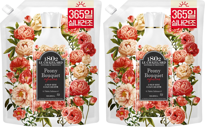 르샤트라1802 인퓨전 초고농축 실내건조 섬유유연제 피오니부케향 리필, 2L, 2개