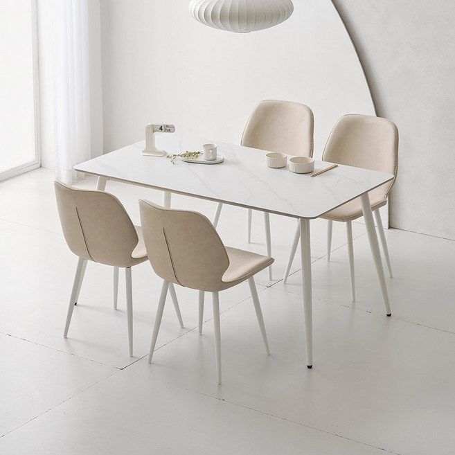 라로퍼니처 밀크 1400 포세린 통 세라믹 식탁 4인용 + 테이블 의자 세트 방문설치, 화이트(식탁), 아이보리(의자), 일반의자 4