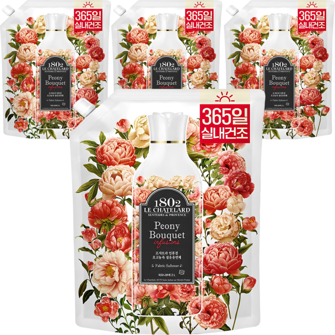 르샤트라1802 인퓨전 초고농축 실내건조 섬유유연제 피오니부케향 리필, 2L, 4개