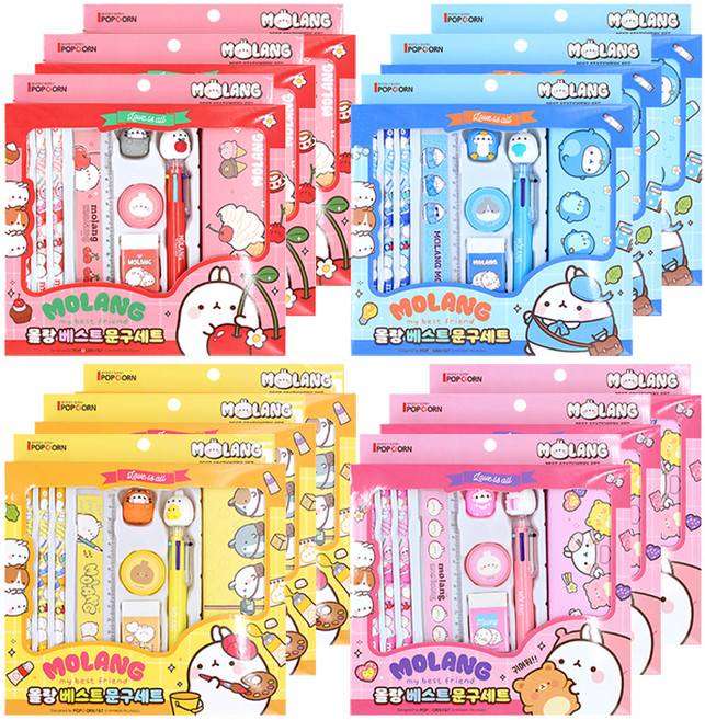 팝콘팬시 몰랑 베스트 문구세트, 핑크 + 블루 + 옐로우 + 레드, 1세트