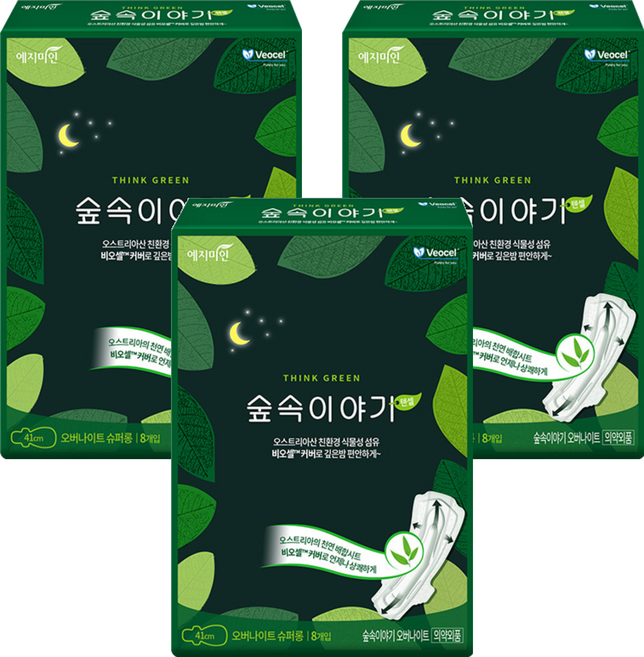 예지미인 숲속이야기 비오셀 슈퍼롱 오버나이트 생리대 날개형, 패드형, 8개입, 3개